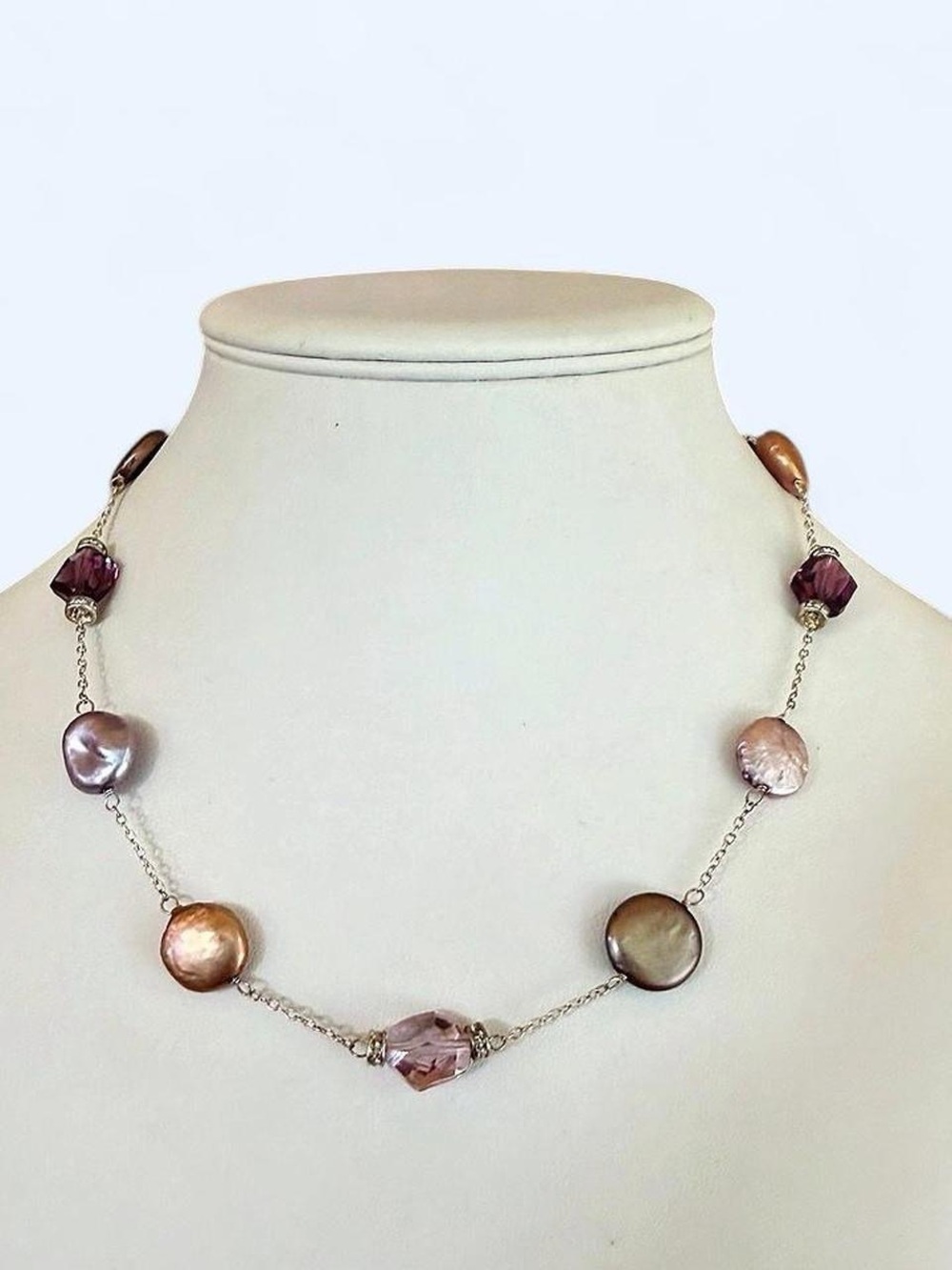 Lucas Lameth Vintage Coin Pearl Crystal Station Necklace Sterling Silver 925 LUC